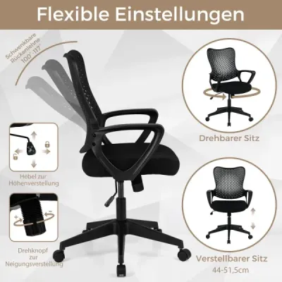 Ergonomická kancelárska stolička s priedušným operadlom zo sieťoviny, výškovo nastaviteľná otočná stolička, čierna