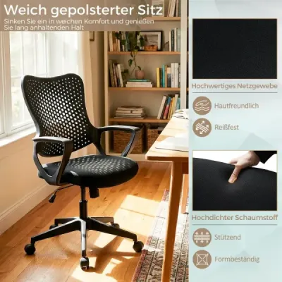 Ergonomická kancelárska stolička s priedušným operadlom zo sieťoviny, výškovo nastaviteľná otočná stolička, čierna