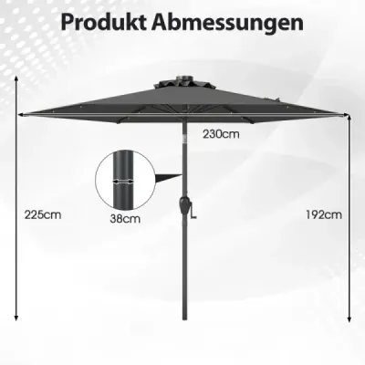 230 cm slnečník s LED solárnym osvetlením a kľukou záhradný dáždnik market slnečník sivý