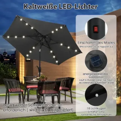 230 cm slnečník s LED solárnym osvetlením a kľukou záhradný dáždnik market slnečník sivý