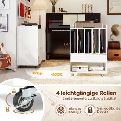 Stôl na gramofón s 5 priehradkami a zásuvkou, stojan na platne, úložný priestor na vinylové platne s kolieskami, biely