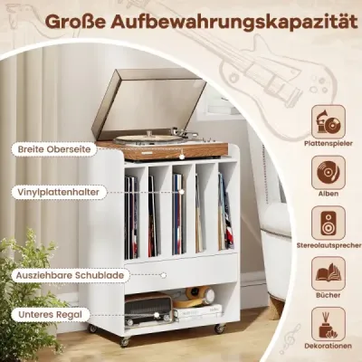 Stôl na gramofón s 5 priehradkami a zásuvkou, stojan na platne, úložný priestor na vinylové platne s kolieskami, biely