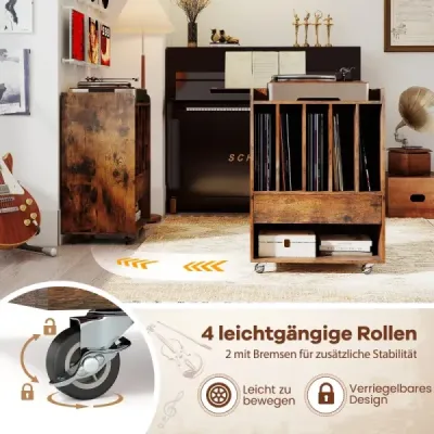 Stôl na gramofón s 5 priehradkami a zásuvkou, stojan na platne, úložný priestor na vinylové platne s kolieskami, hnedý