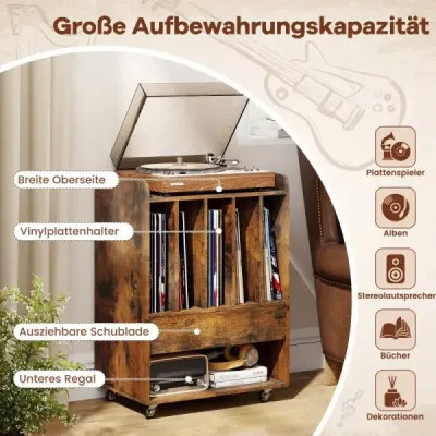 Stôl na gramofón s 5 priehradkami a zásuvkou, stojan na platne, úložný priestor na vinylové platne s kolieskami, hnedý