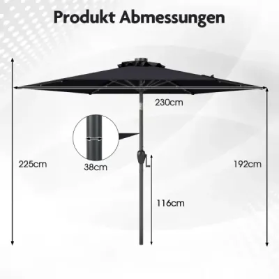 230 cm solárny záhradný slnečník s LED osvetlením, naklápací, s kľukou a odvetranou strechou, do záhrady alebo k bazénu, čierny