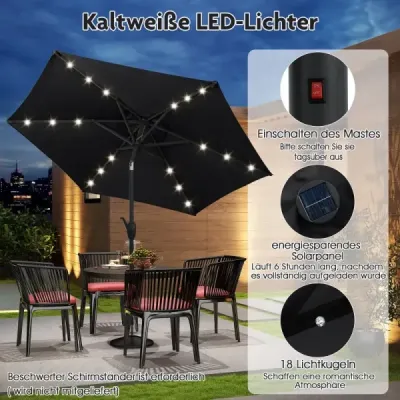 230 cm solárny záhradný slnečník s LED osvetlením, naklápací, s kľukou a odvetranou strechou, do záhrady alebo k bazénu, čierny