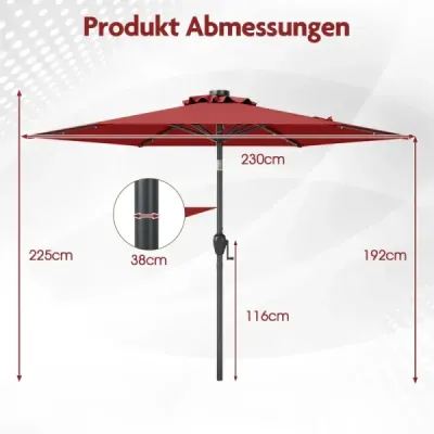 230 cm solárny záhradný slnečník s LED osvetlením, nastaviteľným sklonom, kľukou a odvetranou strechou – do záhrady, k bazénu, na víno