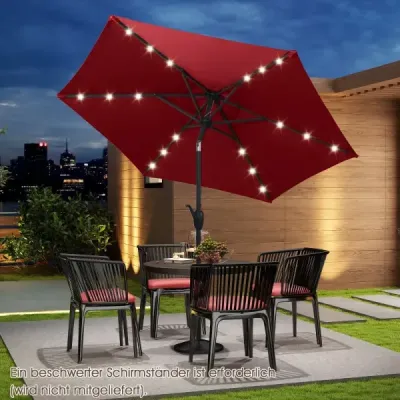 230 cm solárny záhradný slnečník s LED osvetlením, nastaviteľným sklonom, kľukou a odvetranou strechou – do záhrady, k bazénu, na víno