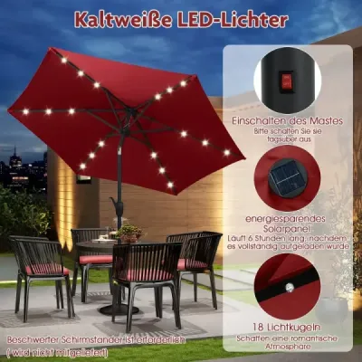 230 cm solárny záhradný slnečník s LED osvetlením, nastaviteľným sklonom, kľukou a odvetranou strechou – do záhrady, k bazénu, na víno