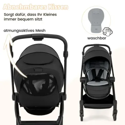 Skladací kočík s obojstranným sedadlom Cestovný kočík s nastaviteľnou opierkou chrbta Black