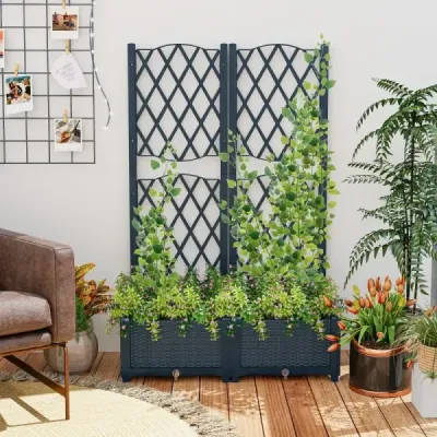 Vysoký záhon s opornou mrežou, plastový kvetináč s odtokovými otvormi, do záhrady alebo na balkón, 80 x 40 x 122 cm, sivý
