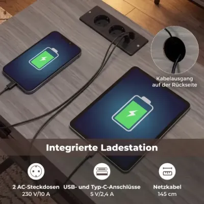 Konzolový stolík s LED osvetlením, nabíjacou stanicou, zásuvkami a USB portmi, do obývačky alebo predsiene, sivý