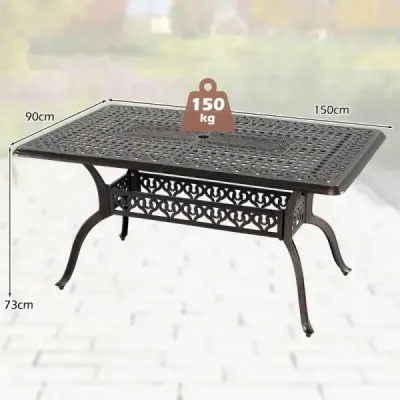 Záhradný stôl z liateho hliníka s otvorom na slnečník, nastaviteľnými nohami, nosnosťou 150 kg, rozmery 150 x 90 x 73 cm,bronz