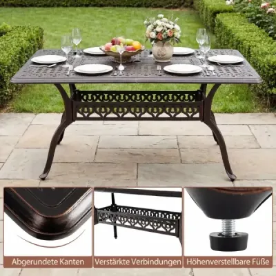 Záhradný stôl z liateho hliníka s otvorom na slnečník, nastaviteľnými nohami, nosnosťou 150 kg, rozmery 150 x 90 x 73 cm,bronz
