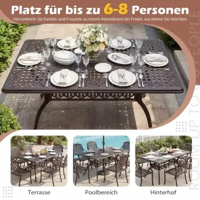 Záhradný stôl z liateho hliníka s otvorom na slnečník, nastaviteľnými nohami, nosnosťou 150 kg, rozmery 150 x 90 x 73 cm,bronz