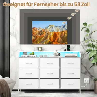 Komoda s LED osvetlením a nabíjacou stanicou, 9 látkových zásuviek, kovový rám, TV skrinka do 58 palcov, do obývačky alebo predsiene