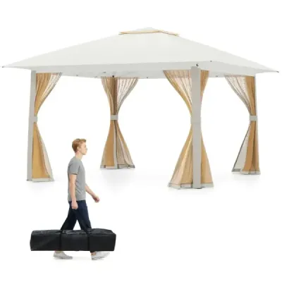 Výsuvný pavilón 394x394 cm so sieťovanými stenami, dvojitou strechou, prenosnou taškou, ľahko sa montuje, do záhrady, na terasu, béžový