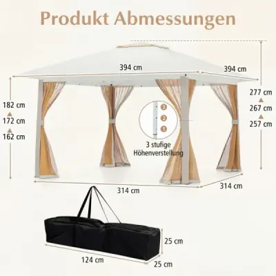 Výsuvný pavilón 394x394 cm so sieťovanými stenami, dvojitou strechou, prenosnou taškou, ľahko sa montuje, do záhrady, na terasu, béžový