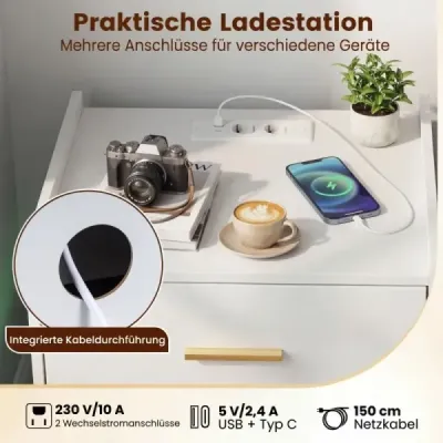 Sada 2 nočných stolíkov s nabíjacou stanicou, LED osvetlenie, 2 zásuvky, moderné, čiastočne plávajúce, biele