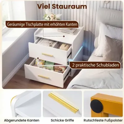 Sada 2 nočných stolíkov s nabíjacou stanicou, LED osvetlenie, 2 zásuvky, moderné, čiastočne plávajúce, biele