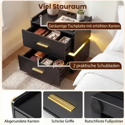 Sada 2 nočných stolíkov s nabíjacou stanicou, LED nočný stolík, 2 zásuvky, moderný, čiastočne plávajúci, čierny