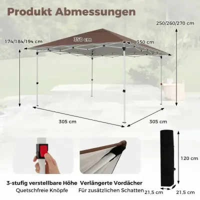 Záhradný pavilón 3,5x3,5 m, výškovo nastaviteľný, výsuvný, s lanami, kolíkmi a taškou do záhrady a terasy, hnedý