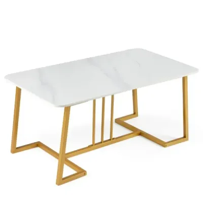 Konferenčný stolík z umelého mramoru, 90 cm, kovový rám, protišmykový, moderný, biely so zlatými detailmi