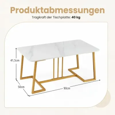 Konferenčný stolík z umelého mramoru, 90 cm, kovový rám, protišmykový, moderný, biely so zlatými detailmi