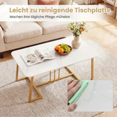 Konferenčný stolík z umelého mramoru, 90 cm, kovový rám, protišmykový, moderný, biely so zlatými detailmi