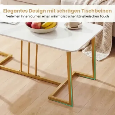 Konferenčný stolík z umelého mramoru, 90 cm, kovový rám, protišmykový, moderný, biely so zlatými detailmi
