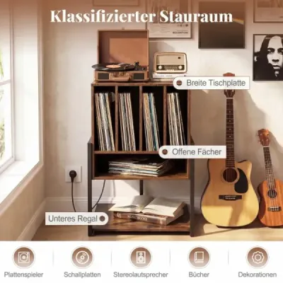 Stojan na gramofón s integrovanou nabíjacou stanicou a 4 priečkami – gramofón na vinylové platne, hnedý