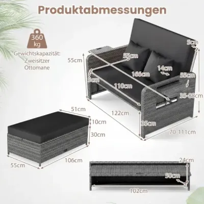 Ležadlo z polyrotangu s nastaviteľným operadlom a výklopnou bočnou odkladacou plochou, čierne