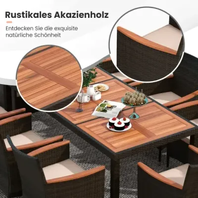 9-dielna ratanová jedálenská súprava na terasu pre 8 osôb so stolovou doskou a odnímateľnými vankúšmi