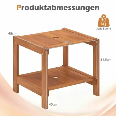 Drevený odkladací stolík s otvorom na slnečník a odkladacím priestorom odolný voči poveternostným vplyvom balkónový stolík