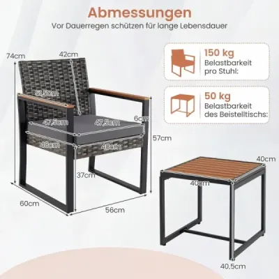 Sada balkónového nábytku z PE polyrotangu – 2 stoličky, stôl, vankúše – na terasu, balkón, do záhrady – sivá