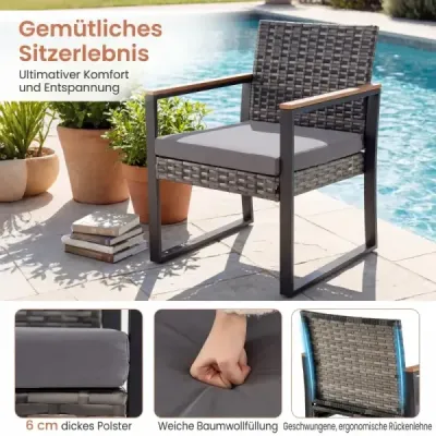 Sada balkónového nábytku z PE polyrotangu – 2 stoličky, stôl, vankúše – na terasu, balkón, do záhrady – sivá