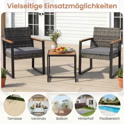 Sada balkónového nábytku z PE polyrotangu – 2 stoličky, stôl, vankúše – na terasu, balkón, do záhrady – sivá
