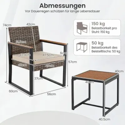 Sada balkónového nábytku s 2 stoličkami, odkladacím stolíkom a mäkkými vankúšmi – lounge set v béžovej farbe