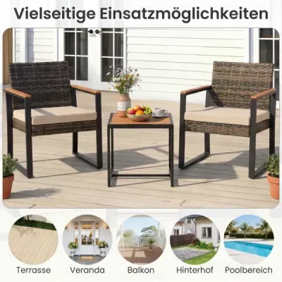 Sada balkónového nábytku s 2 stoličkami, odkladacím stolíkom a mäkkými vankúšmi – lounge set v béžovej farbe