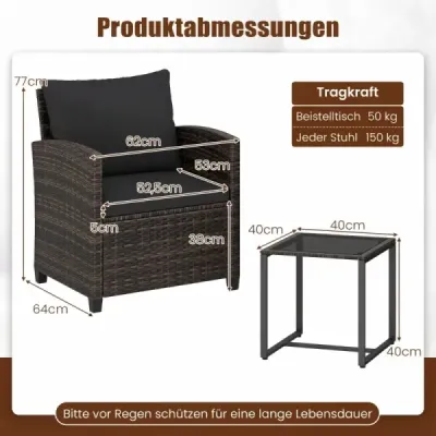 3-dielna sada záhradného nábytku: 2 kreslá, sklenený stôl, kovový rám, vankúše na balkón, do záhrady alebo k bazénu, čierna farba