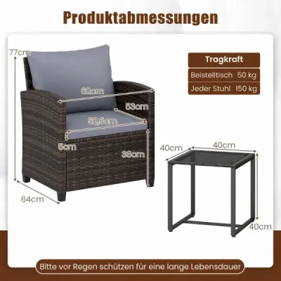 3-dielna sada záhradného nábytku: 2 kreslá, sklenený stôl, kovový rám, vankúše na balkón, do záhrady alebo k bazénu, šedá farba