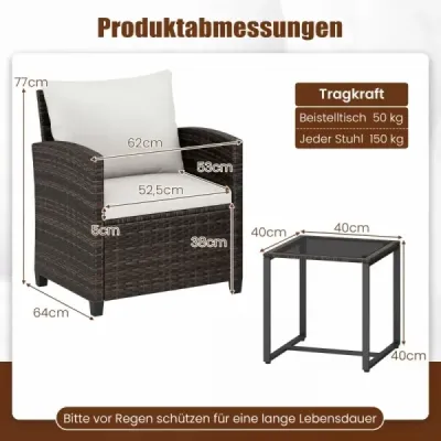 3-dielna sada záhradného nábytku: 2 kreslá, sklenený stôl, kovový rám, vankúše na balkón, do záhrady, k bazénu, béžová