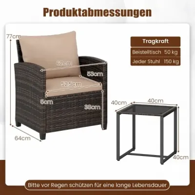 3-dielna sada záhradného nábytku: 2 kreslá, sklenený stôl, kovový rám, vankúše na balkón, do záhrady alebo k bazénu, farba khaki