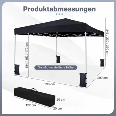 Výklopný pavilón 290 x 290 cm, výškovo nastaviteľný s príslušenstvom na kempovanie na pláži, čierny
