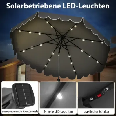 3 m záhradný slnečník s 24 LED svetlami, naklápací, s 8 rebrami, do záhrady a na terasu, sivý