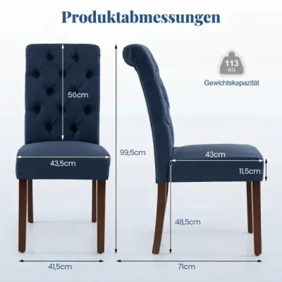 Sada 2 jedálenských stoličiek s vysokým operadlom, prešívaným čalúnením a drevenými nohami, nosnosť do 113 kg, modrá