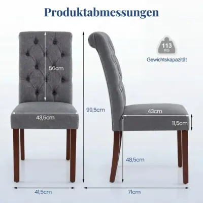 Sada 2 jedálenských stoličiek s vysokým operadlom, prešívaným čalúnením a drevenými nohami, nosnosť do 113 kg, šedá