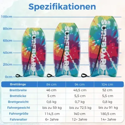 104 cm, ľahký bodyboard s jadrom z EPS, vrchnou vrstvou z XPE a spodnou vrstvou z HDPE, vhodný na pláž, do bazéna a do mora