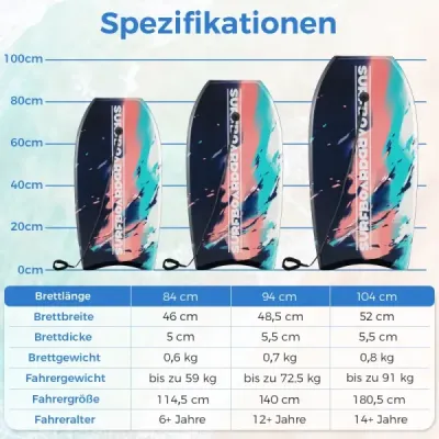 104 cm, ľahký bodyboard, jadro z EPS, vrchná vrstva z XPE, spodná vrstva z HDPE, šnúrka na zápästie, na pláž, more, bazén