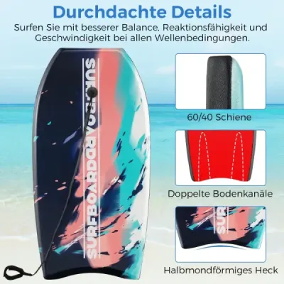 104 cm, ľahký bodyboard, jadro z EPS, vrchná vrstva z XPE, spodná vrstva z HDPE, šnúrka na zápästie, na pláž, more, bazén